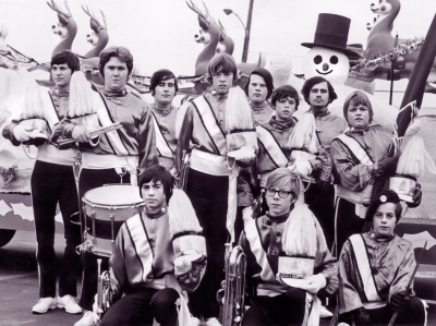 After a Santa Claus Parade (1971)
Rear: Richard Gastmeier (Kitchener), drummer Bob Cook, Peter McCusker, Vic Score Jr., ?, ?, Paul McCusker, Ed Martin 
Front: Paul White, baritone Doug May, ? 

Photo by Don Daber
Keywords: 1971 changed