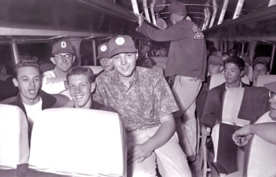 L-R: Harry Clark, Jim Fletcher, Ron Prokop, ?, Briam Williams, Barry Bell (standing), Kenny Nakagawa, and a piece of Warren Mills (on the bus, 1960)
Photo by Don Daber
Keywords: 1960