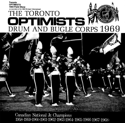 Toronto Optimists record album cover (recorded at Shriners Contest, 1969)
L-R Mellophones: Bob Burman, Brian Byrne, Rick Shearer

Photo by Vince Ferraro, 
Artwork by Don Daber
Keywords: 1969